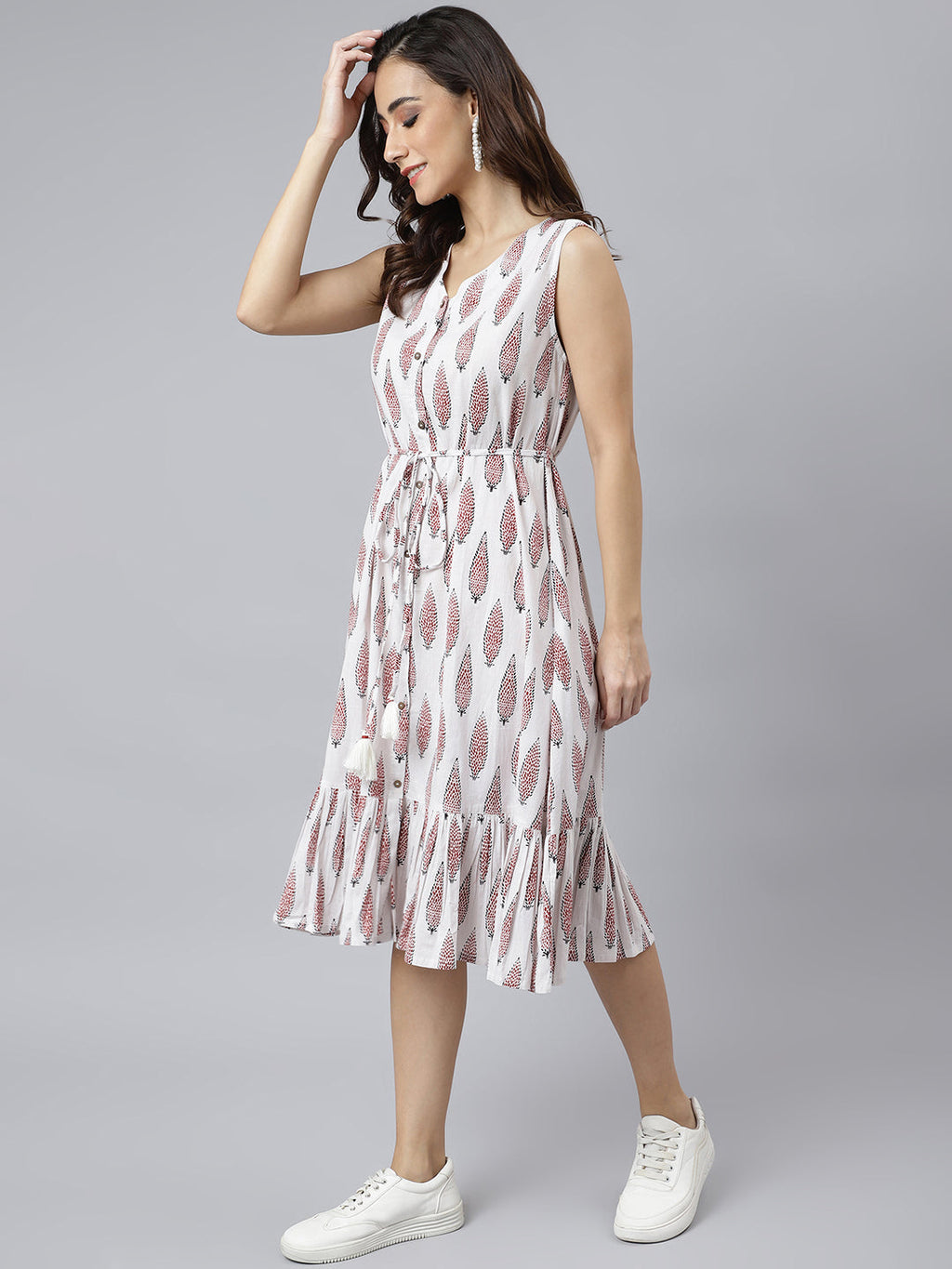 Janasya Women's White Cotton Ethnic Motifs Flared Western Dress | Grocsy