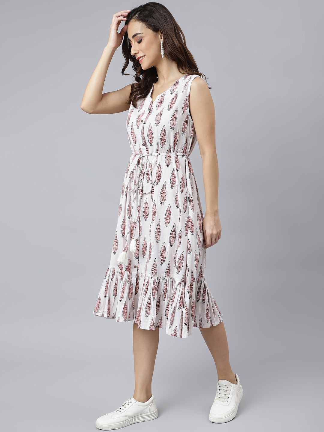 Janasya Women's White Cotton Ethnic Motifs Flared Western Dress | Grocsy