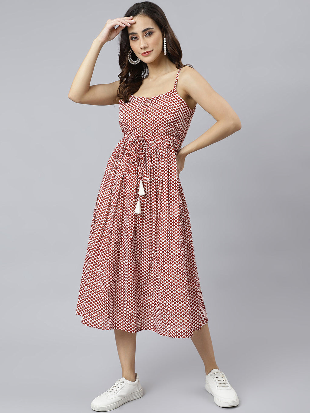 Janasya Women's Red Cotton Shapes Print Flared Western Dress | Grocsy
