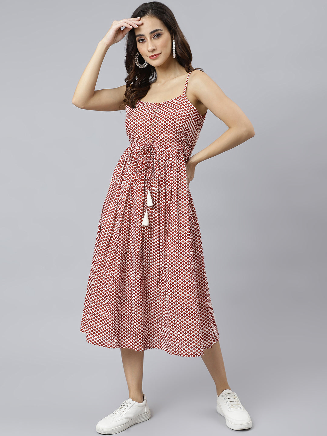 Janasya Women's Red Cotton Shapes Print Flared Western Dress | Grocsy