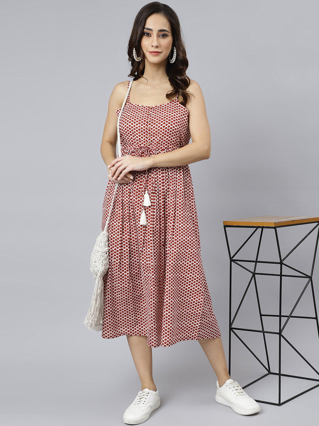 Janasya Women's Red Cotton Shapes Print Flared Western Dress | Grocsy
