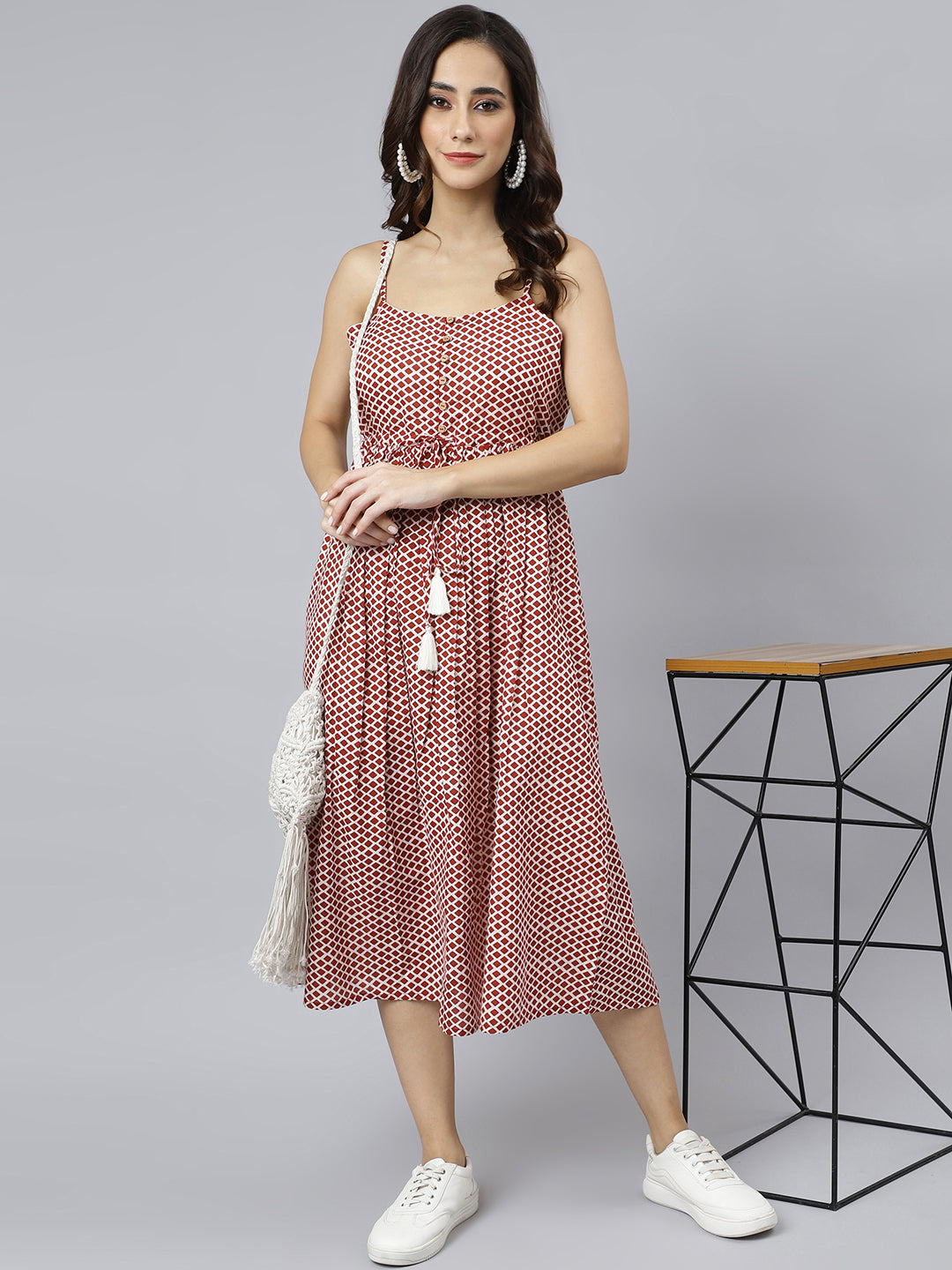 Janasya Women's Red Cotton Shapes Print Flared Western Dress | Grocsy