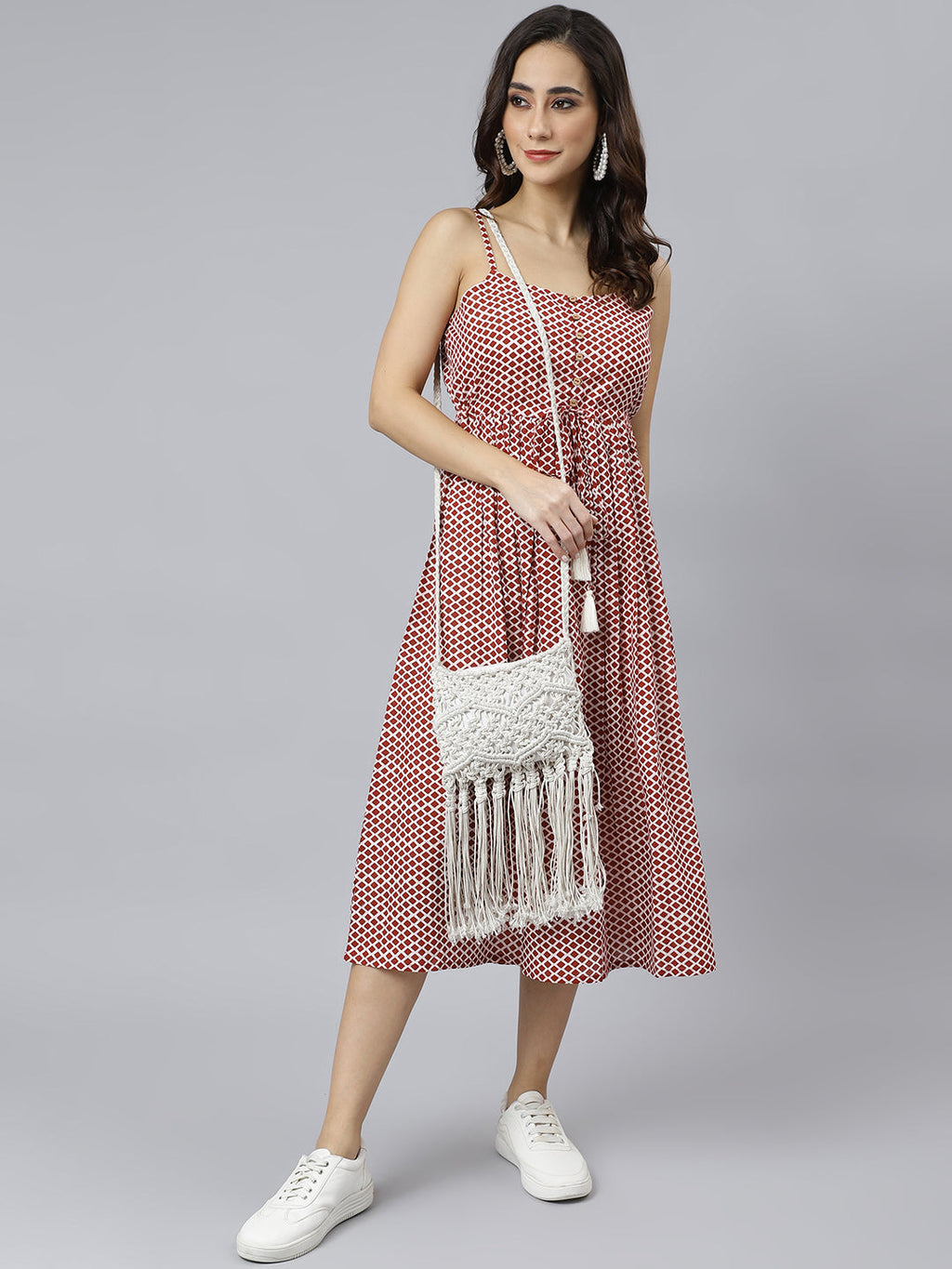 Janasya Women's Red Cotton Shapes Print Flared Western Dress | Grocsy