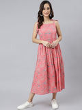 Janasya Women's Pink Cotton Floral Printed Flared Western Dress | Grocsy