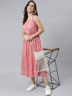 Janasya Women's Pink Cotton Floral Printed Flared Western Dress | Grocsy