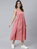 Janasya Women's Pink Cotton Floral Printed Flared Western Dress | Grocsy