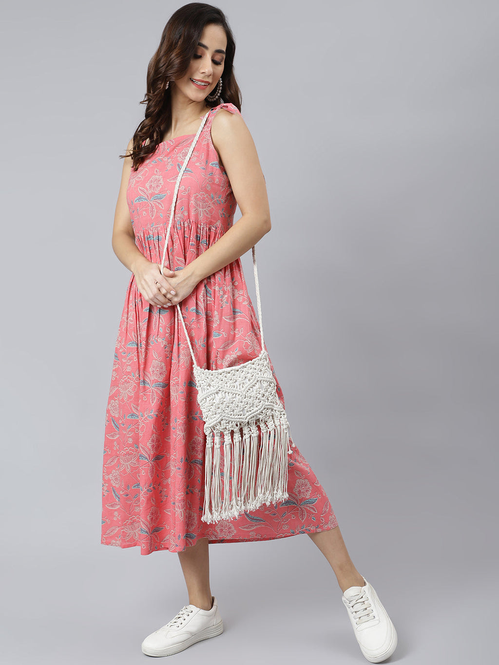 Janasya Women's Pink Cotton Floral Printed Flared Western Dress | Grocsy
