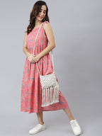 Janasya Women's Pink Cotton Floral Printed Flared Western Dress | Grocsy