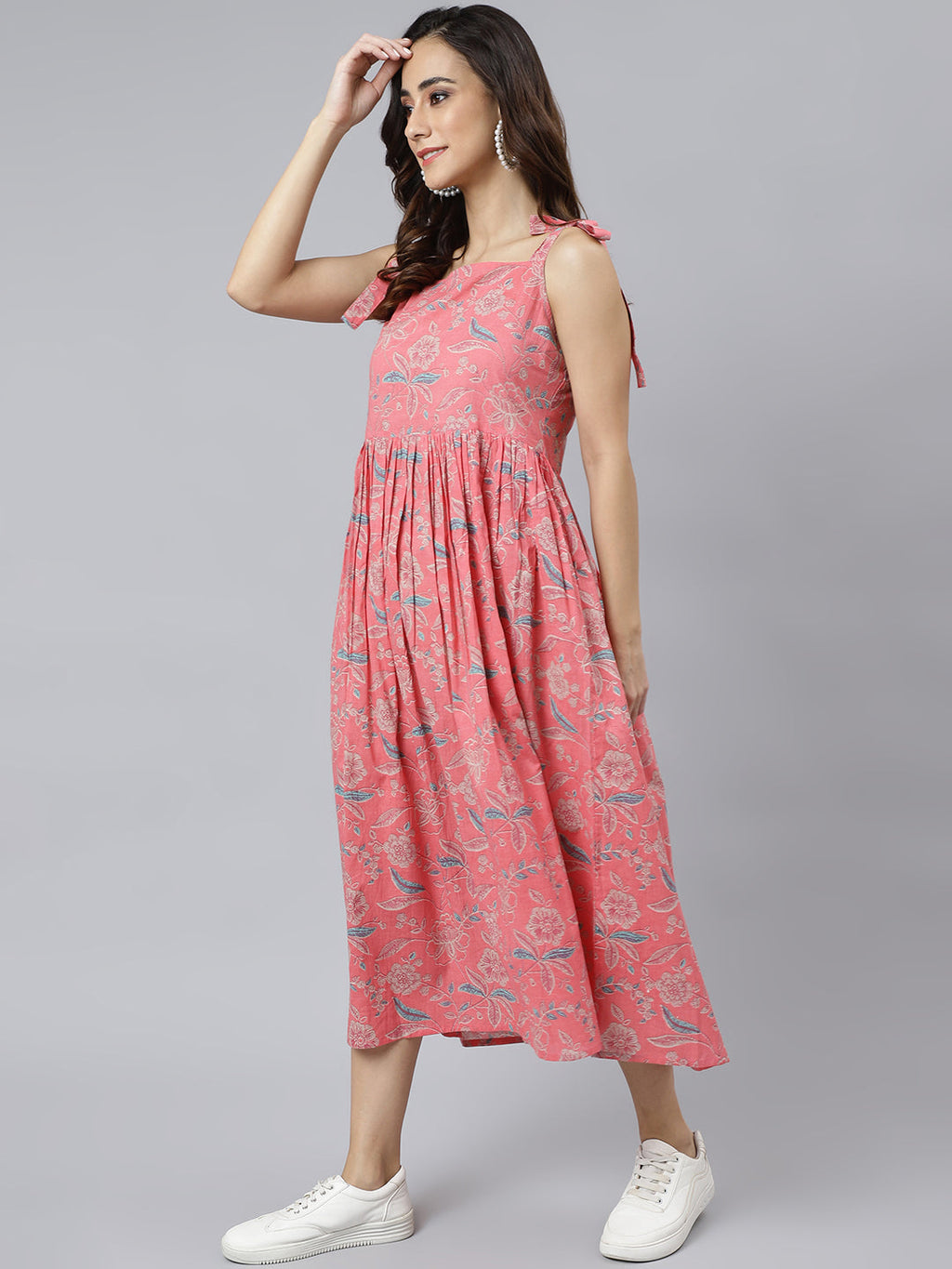 Janasya Women's Pink Cotton Floral Printed Flared Western Dress | Grocsy