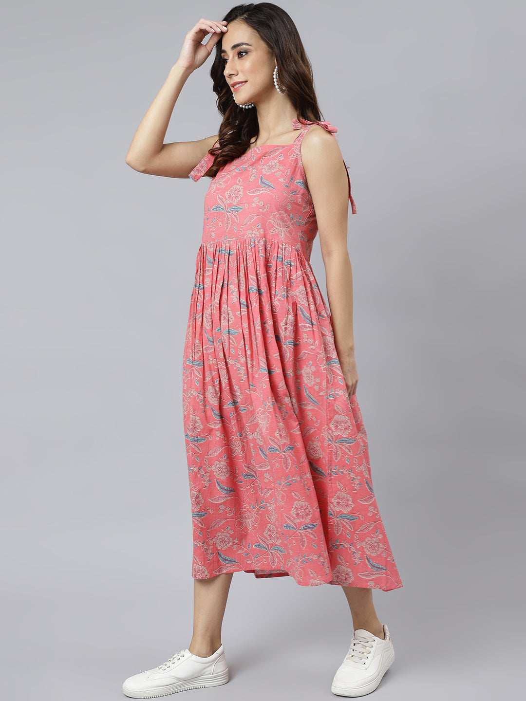Janasya Women's Pink Cotton Floral Printed Flared Western Dress | Grocsy