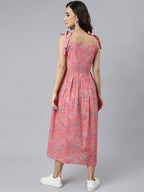 Janasya Women's Pink Cotton Floral Printed Flared Western Dress | Grocsy