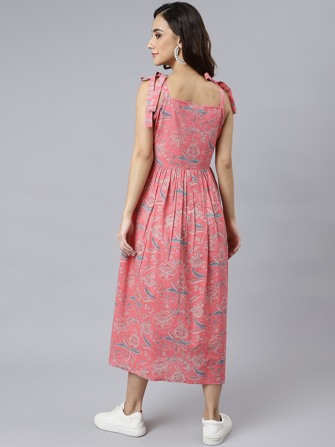 Janasya Women's Pink Cotton Floral Printed Flared Western Dress | Grocsy