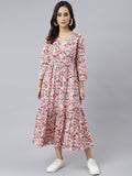 Janasya Women's Peach Cotton Floral Printed Casual Flared kurta | Grocsy