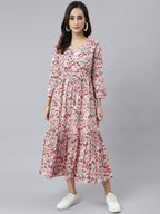 Janasya Women's Peach Cotton Floral Printed Casual Flared kurta | Grocsy