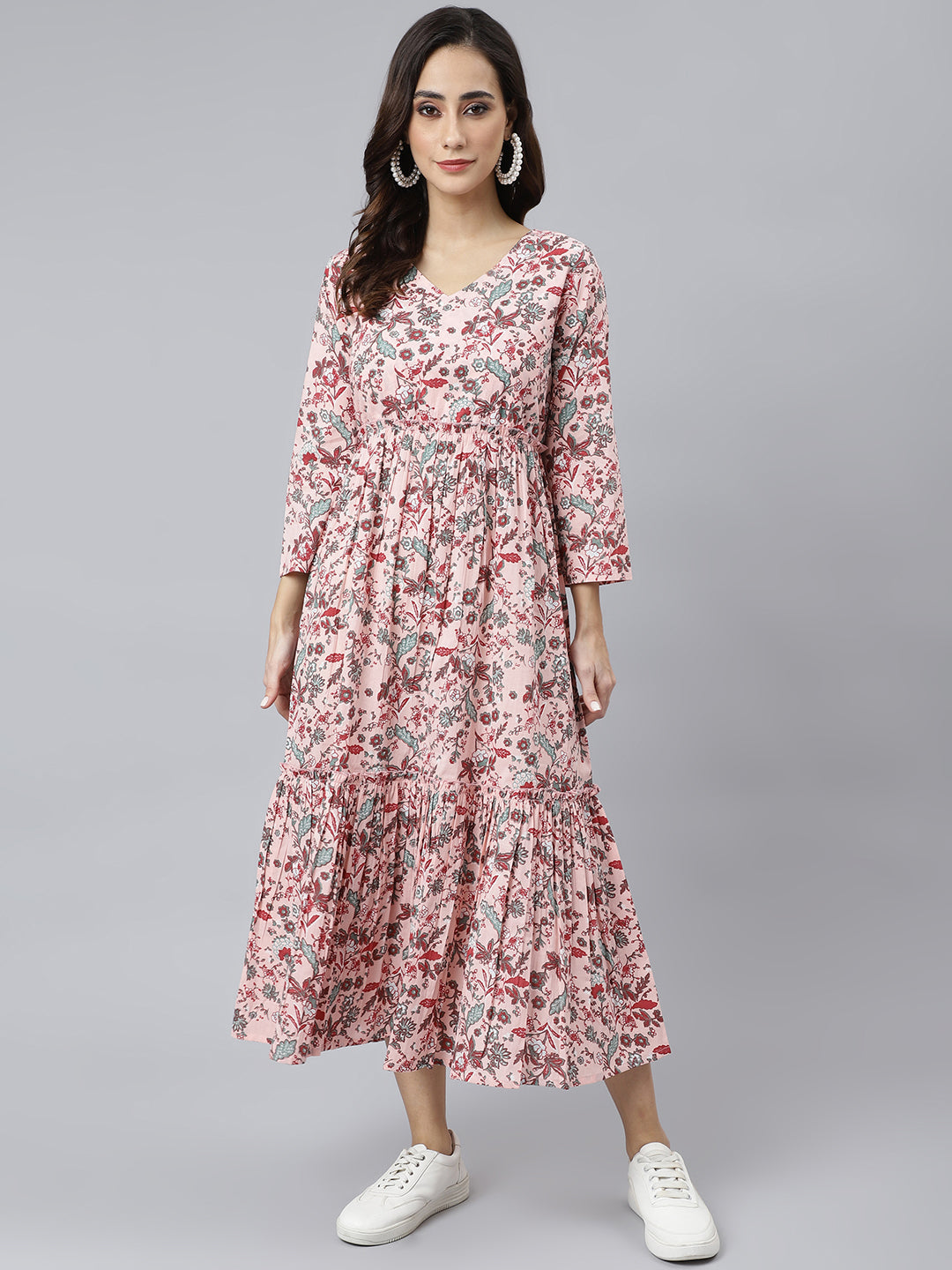 Janasya Women's Peach Cotton Floral Printed Casual Flared kurta | Grocsy