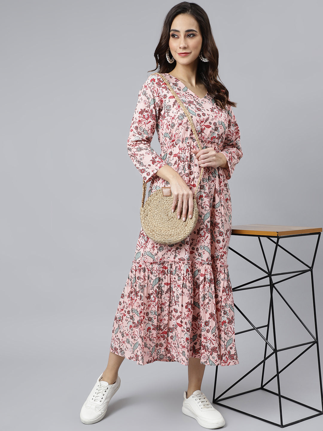 Janasya Women's Peach Cotton Floral Printed Casual Flared kurta | Grocsy