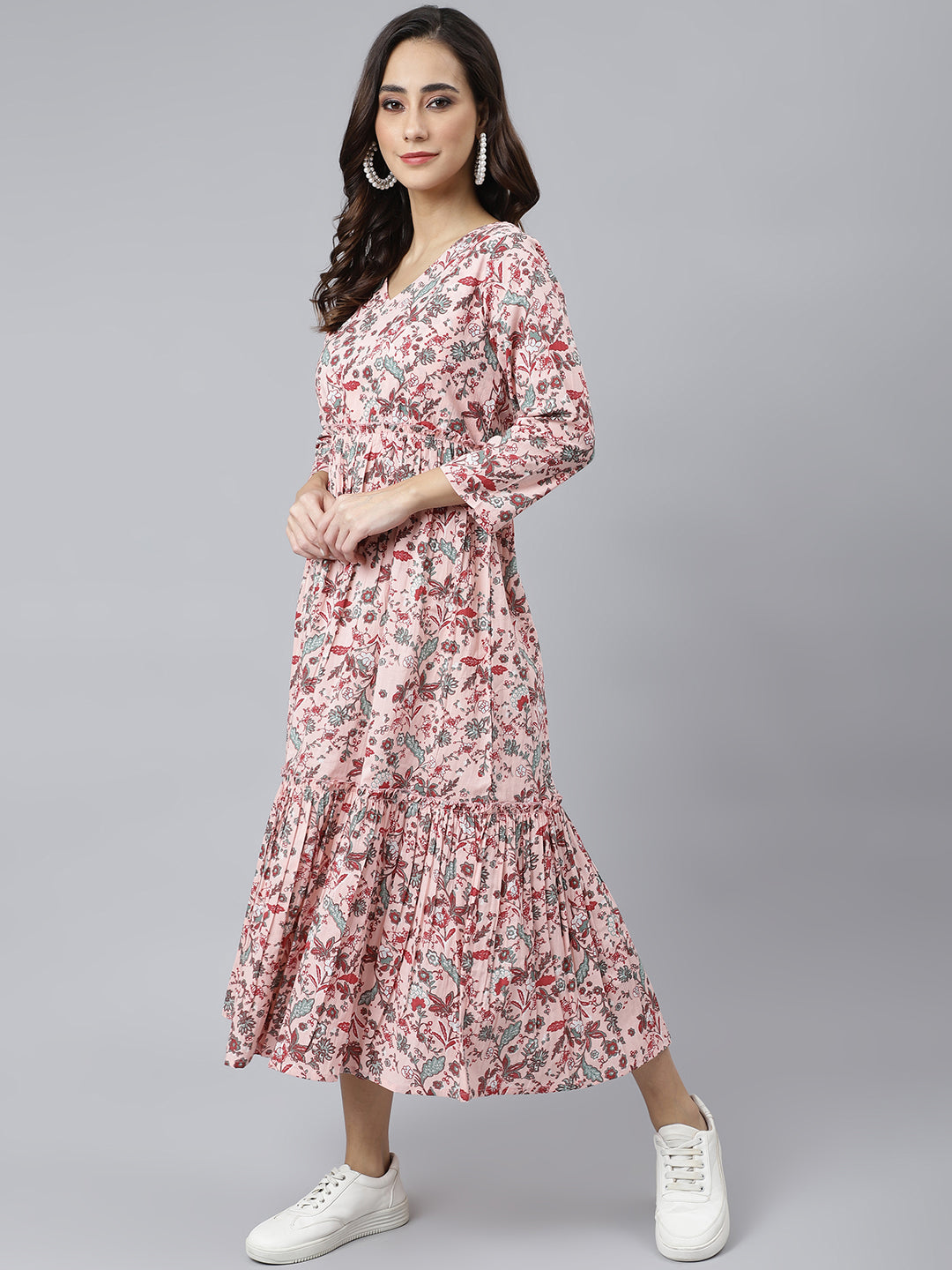 Janasya Women's Peach Cotton Floral Printed Casual Flared kurta | Grocsy