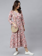 Janasya Women's Peach Cotton Floral Printed Casual Flared kurta | Grocsy