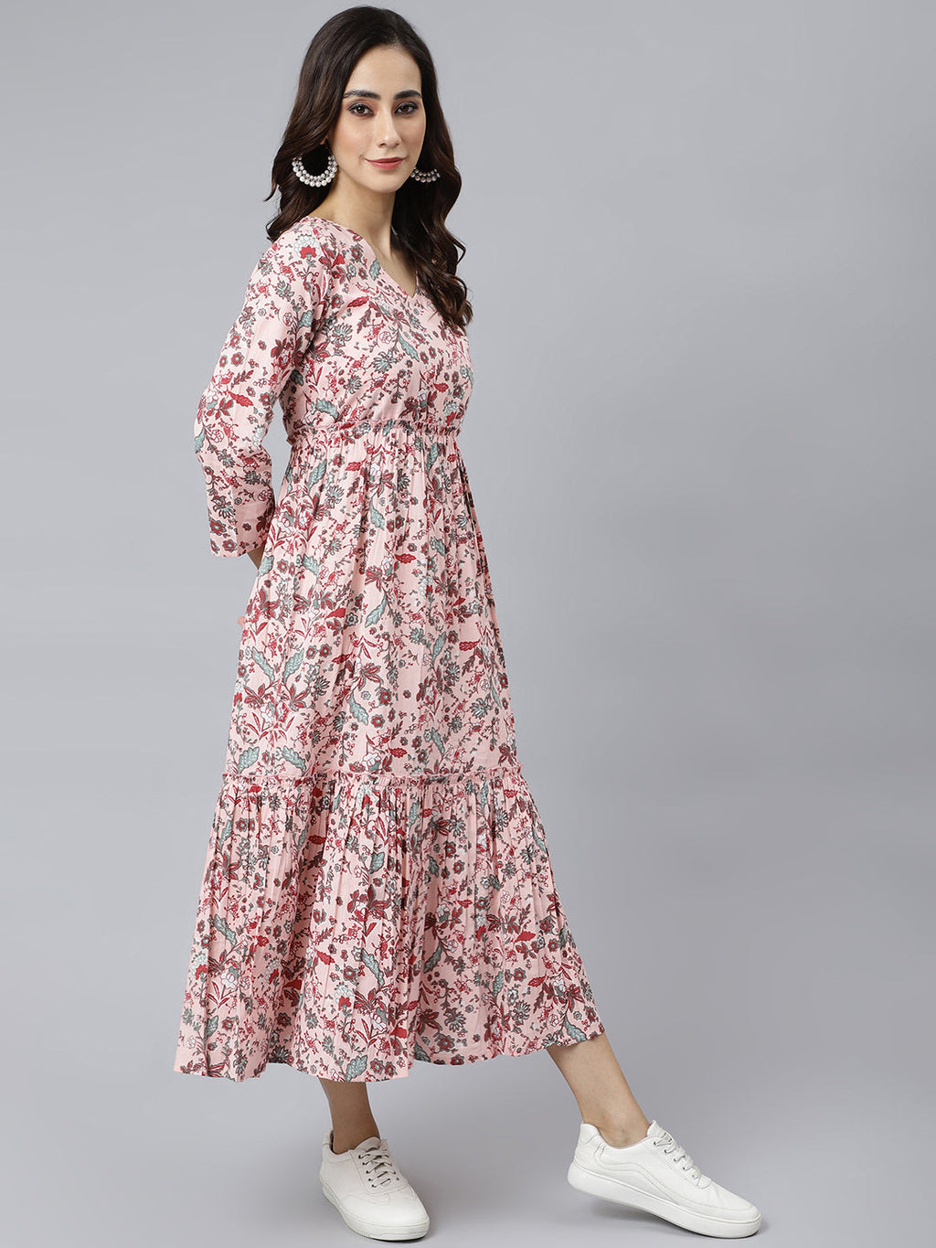 Janasya Women's Peach Cotton Floral Printed Casual Flared kurta | Grocsy