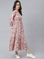 Janasya Women's Peach Cotton Floral Printed Casual Flared kurta | Grocsy
