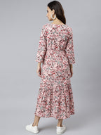 Janasya Women's Peach Cotton Floral Printed Casual Flared kurta | Grocsy