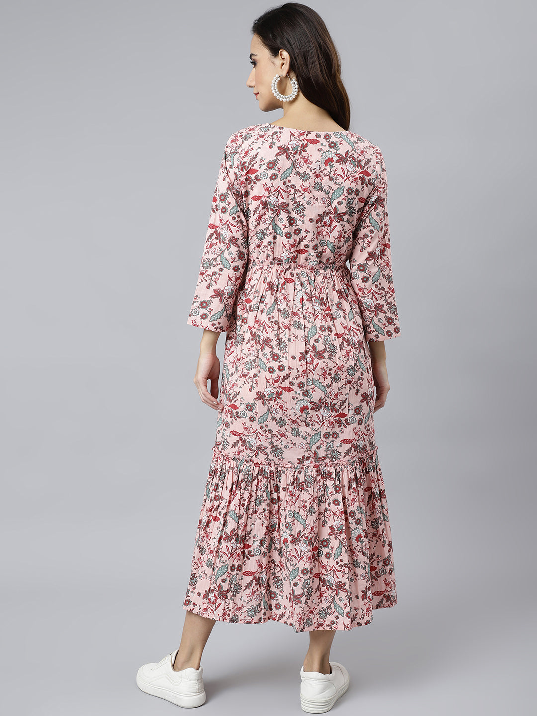 Janasya Women's Peach Cotton Floral Printed Casual Flared kurta | Grocsy