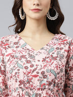 Janasya Women's Peach Cotton Floral Printed Casual Flared kurta | Grocsy