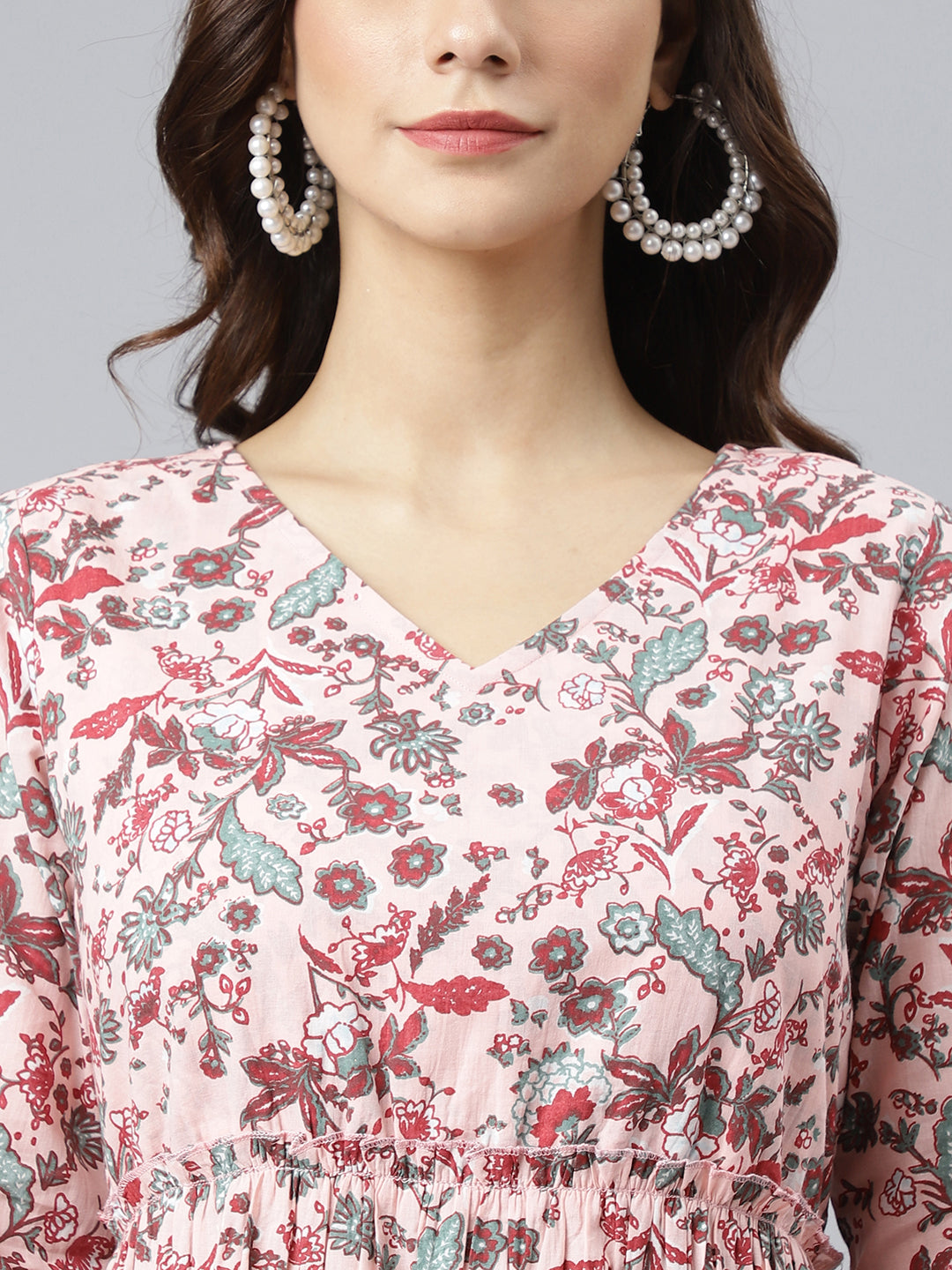 Janasya Women's Peach Cotton Floral Printed Casual Flared kurta | Grocsy