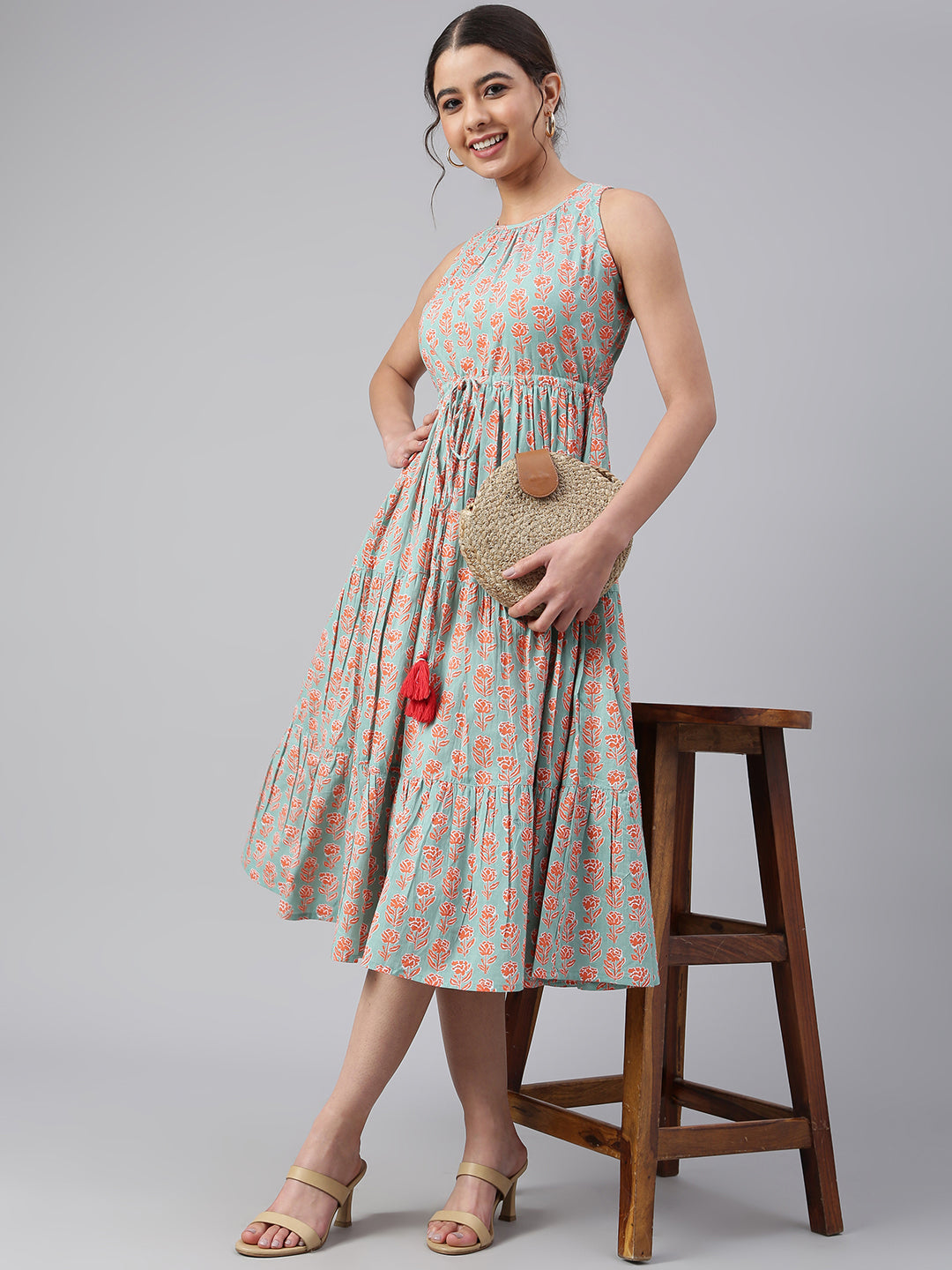 Janasya Women's Mint Green Cotton Floral Printed Tiered Western Dress | Grocsy