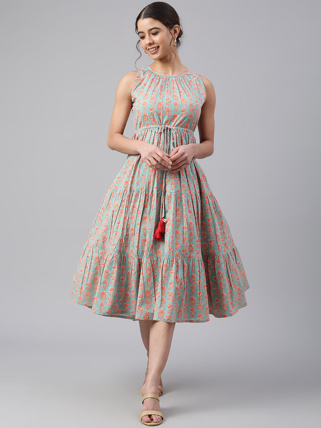 Janasya Women's Mint Green Cotton Floral Printed Tiered Western Dress | Grocsy