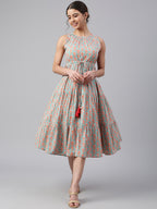 Janasya Women's Mint Green Cotton Floral Printed Tiered Western Dress | Grocsy