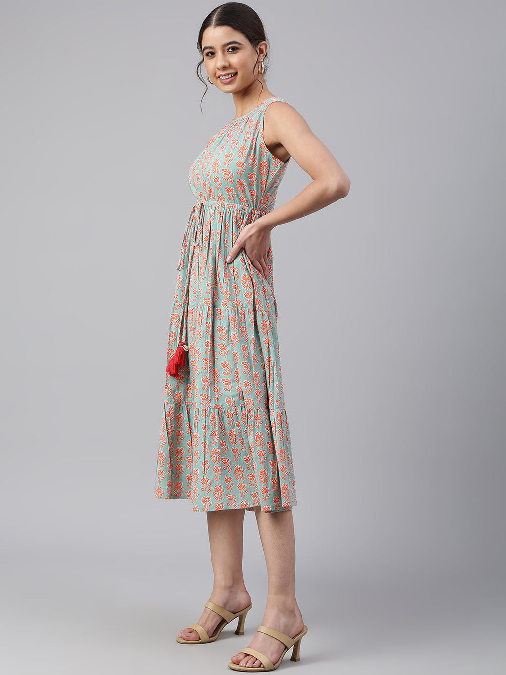 Janasya Women's Mint Green Cotton Floral Printed Tiered Western Dress | Grocsy
