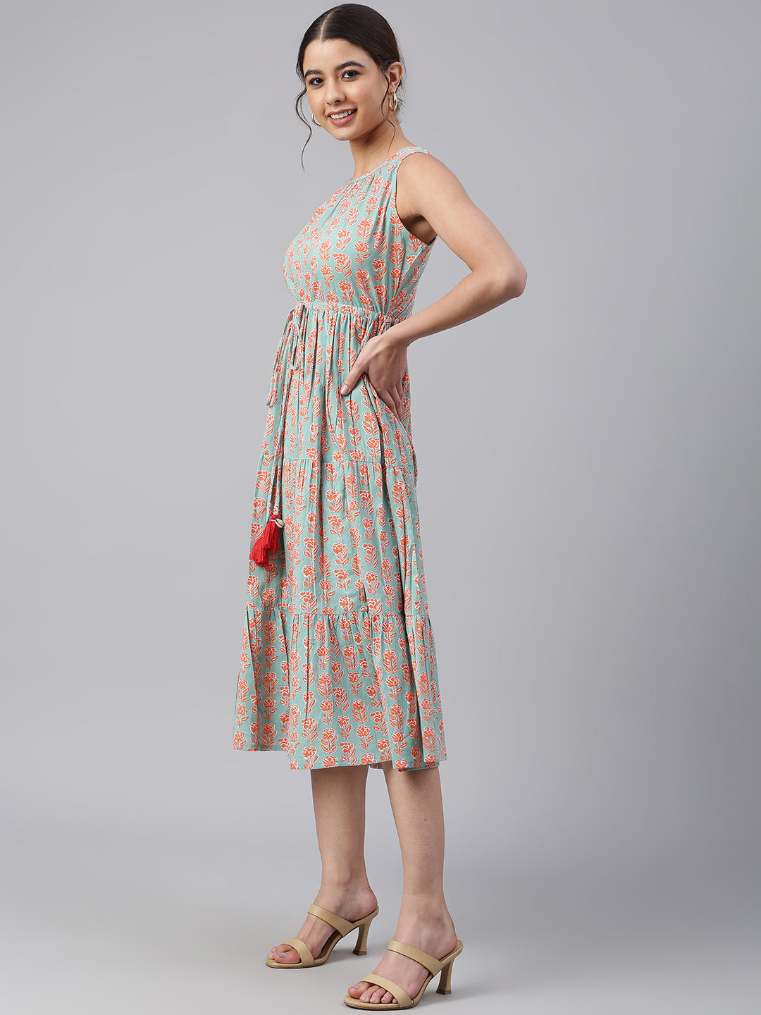 Janasya Women's Mint Green Cotton Floral Printed Tiered Western Dress | Grocsy