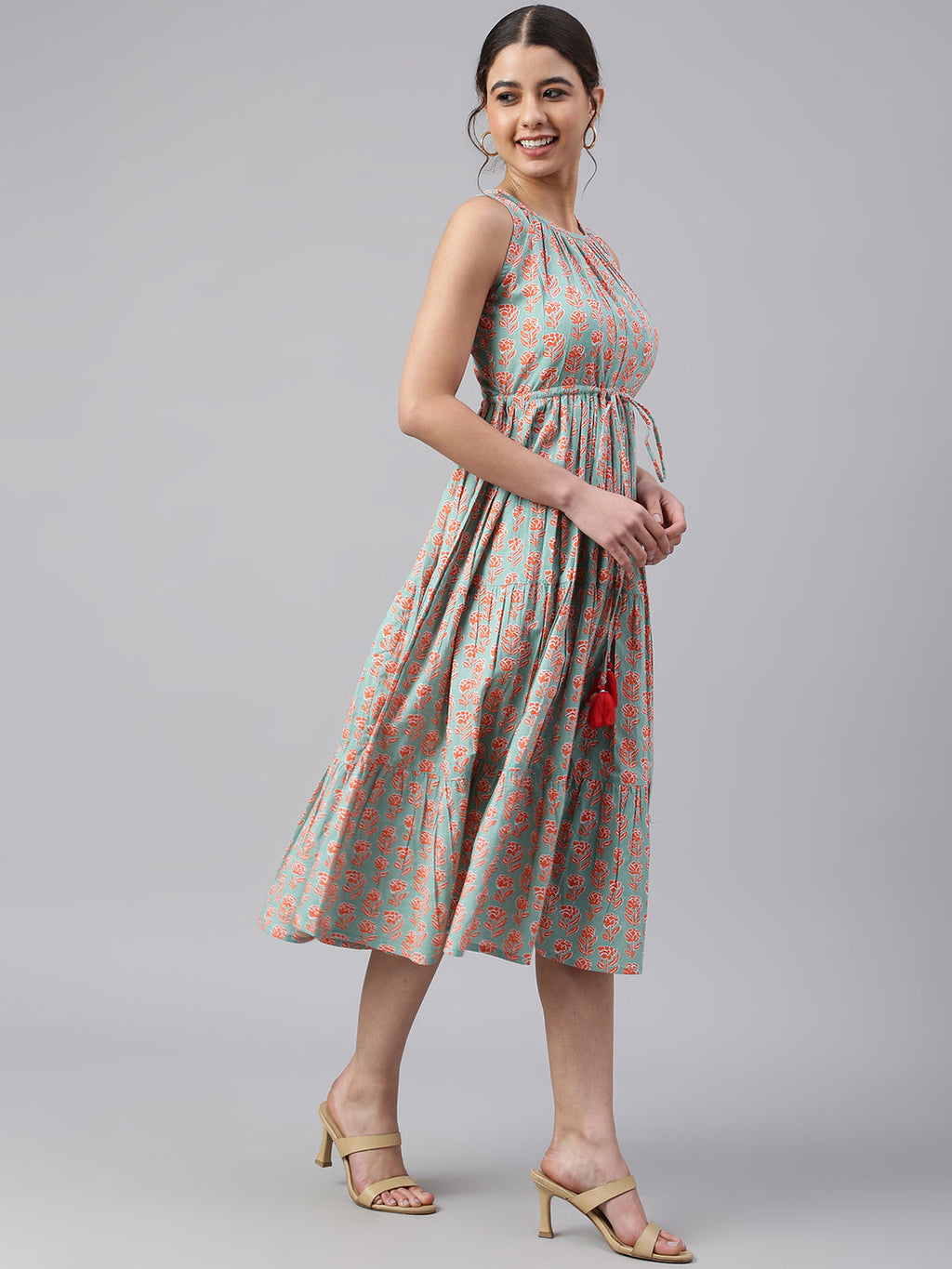 Janasya Women's Mint Green Cotton Floral Printed Tiered Western Dress | Grocsy