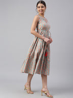 Janasya Women's Mint Green Cotton Floral Printed Tiered Western Dress | Grocsy