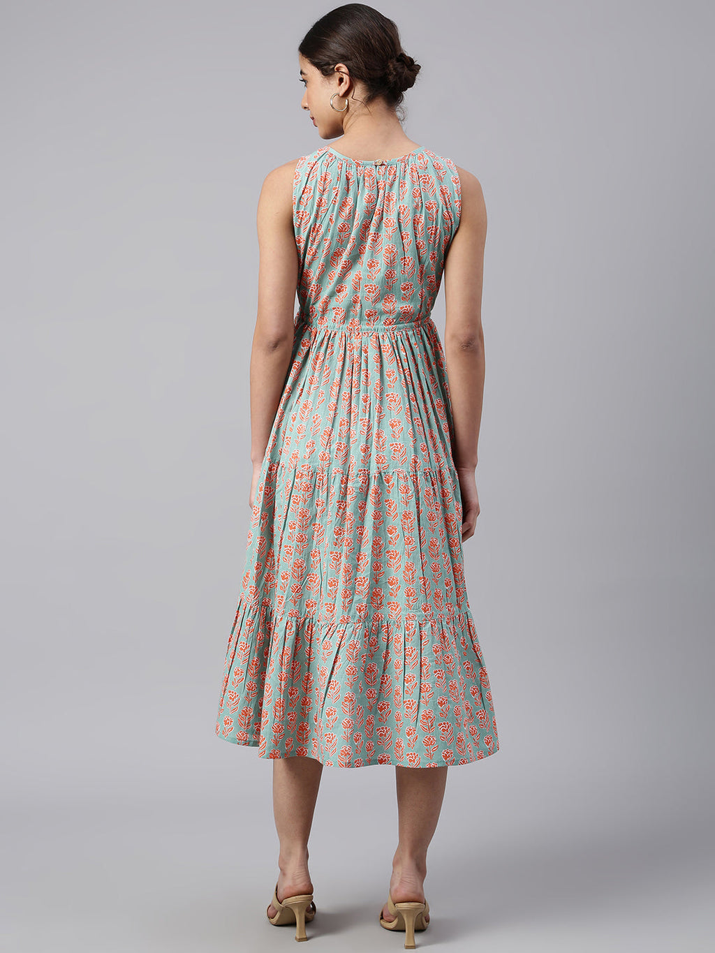 Janasya Women's Mint Green Cotton Floral Printed Tiered Western Dress | Grocsy
