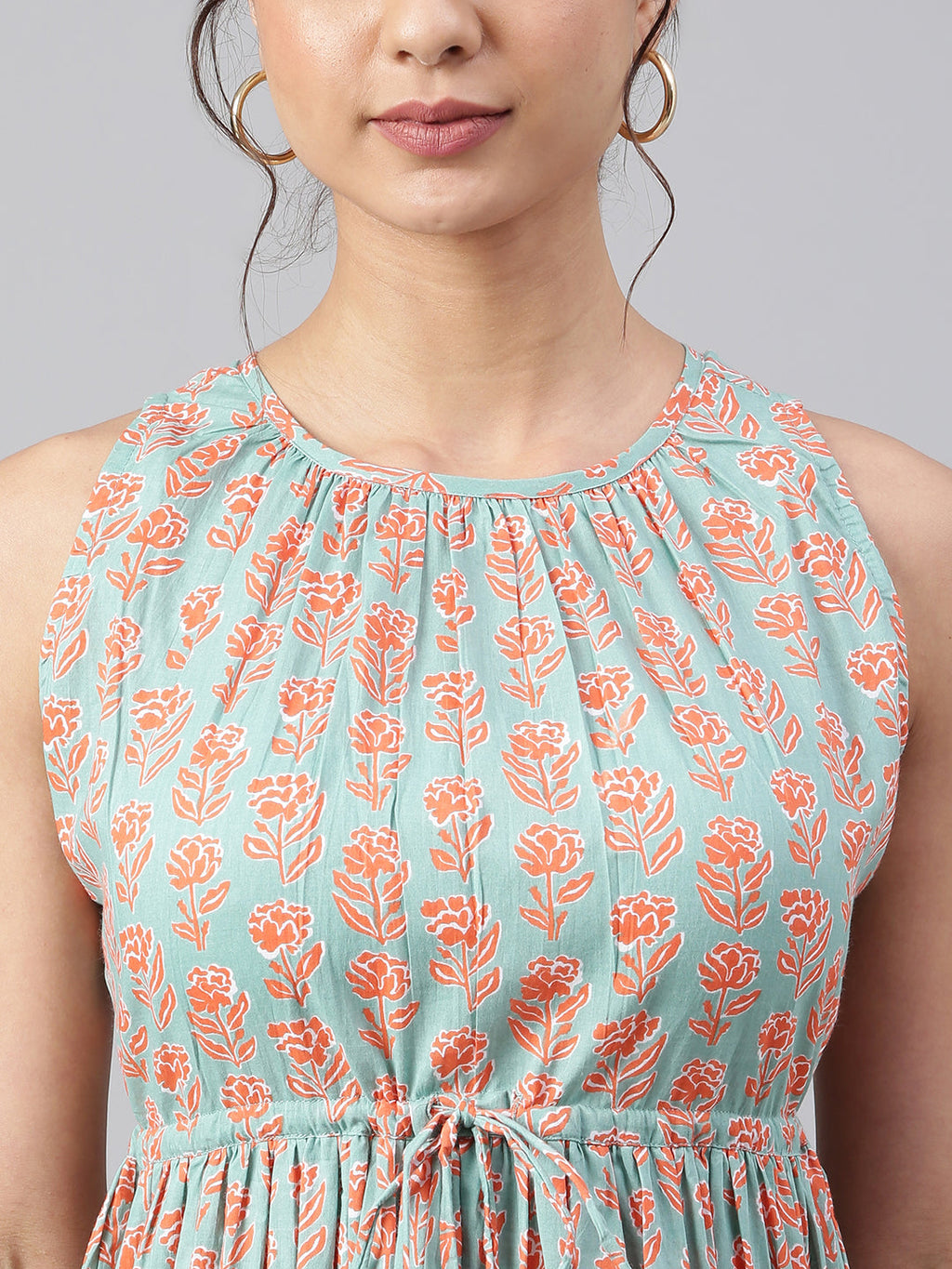 Janasya Women's Mint Green Cotton Floral Printed Tiered Western Dress | Grocsy