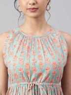 Janasya Women's Mint Green Cotton Floral Printed Tiered Western Dress | Grocsy