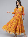 Janasya Women's Mustard Cotton Floral Print Flared Kurta | Grocsy