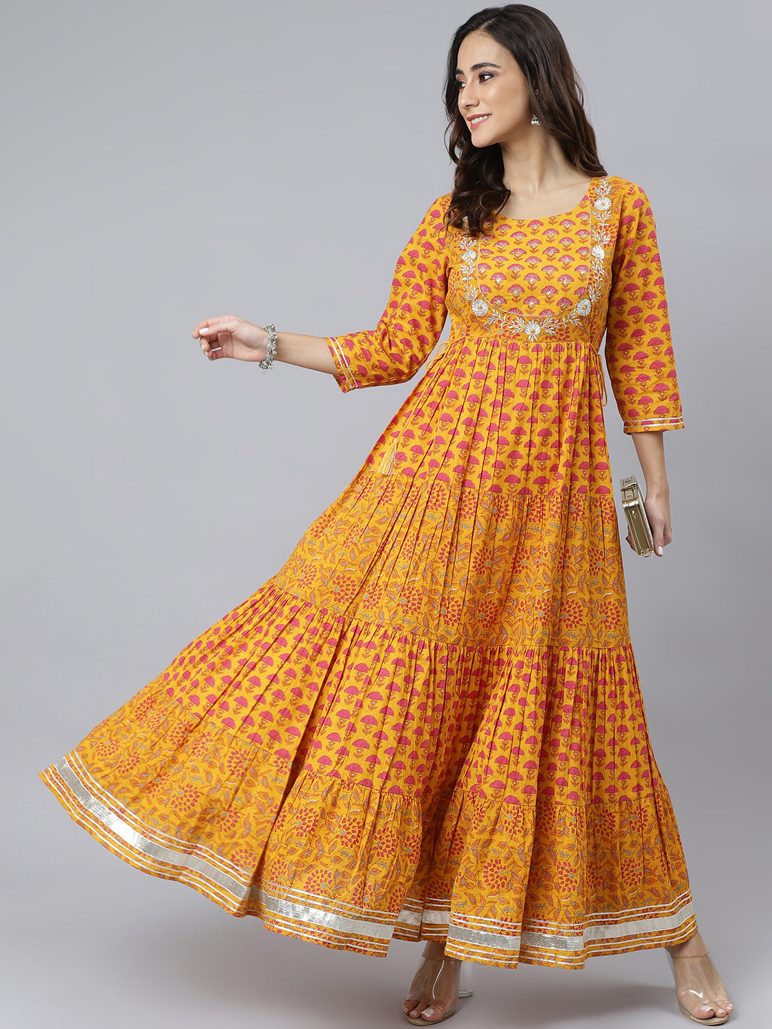 Janasya Women's Mustard Cotton Floral Print Flared Kurta | Grocsy