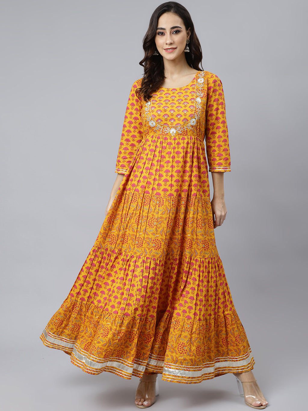 Janasya Women's Mustard Cotton Floral Print Flared Kurta | Grocsy