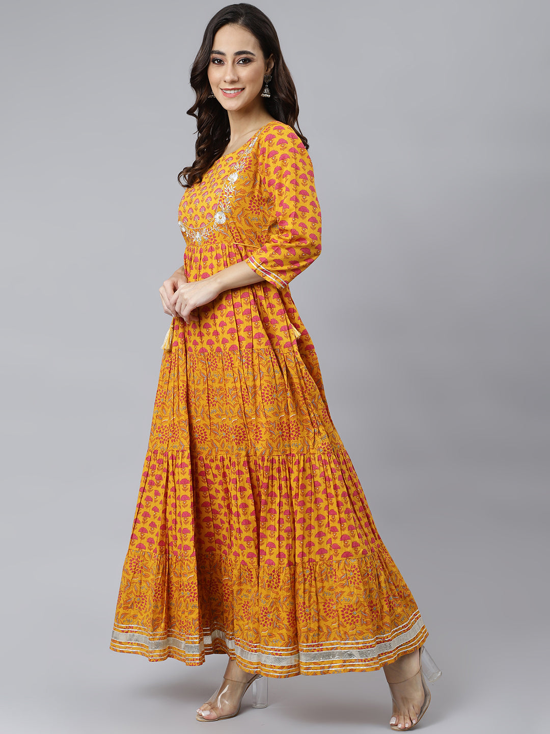 Janasya Women's Mustard Cotton Floral Print Flared Kurta | Grocsy