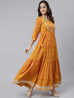Janasya Women's Mustard Cotton Floral Print Flared Kurta | Grocsy
