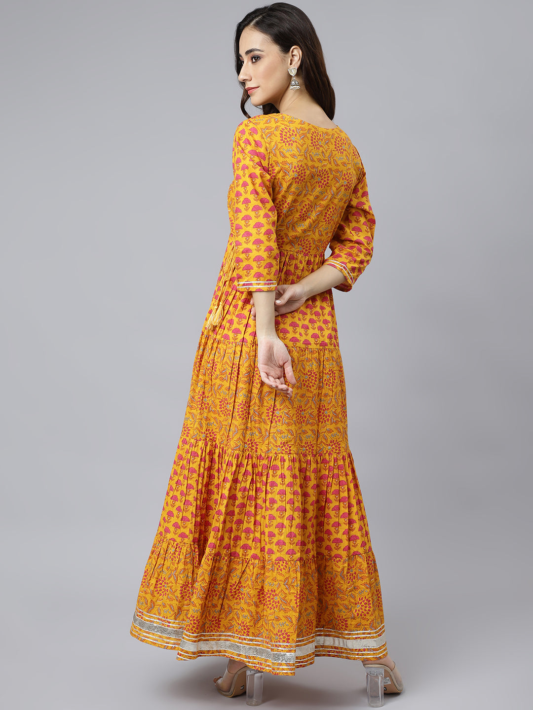 Janasya Women's Mustard Cotton Floral Print Flared Kurta | Grocsy
