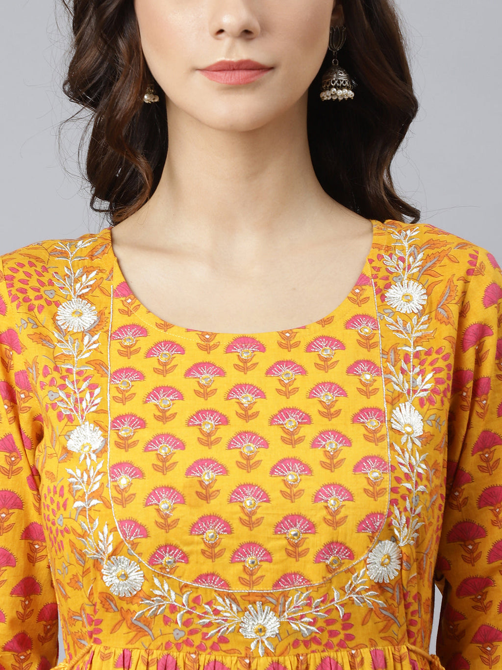 Janasya Women's Mustard Cotton Floral Print Flared Kurta | Grocsy