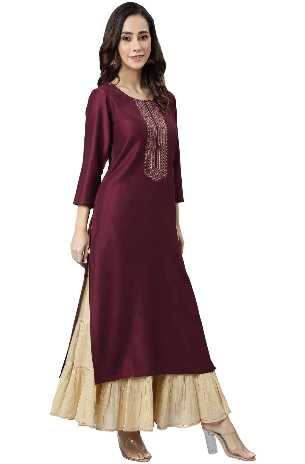 Janasya Wine Poly Silk Solid Straight kurta | Grocsy