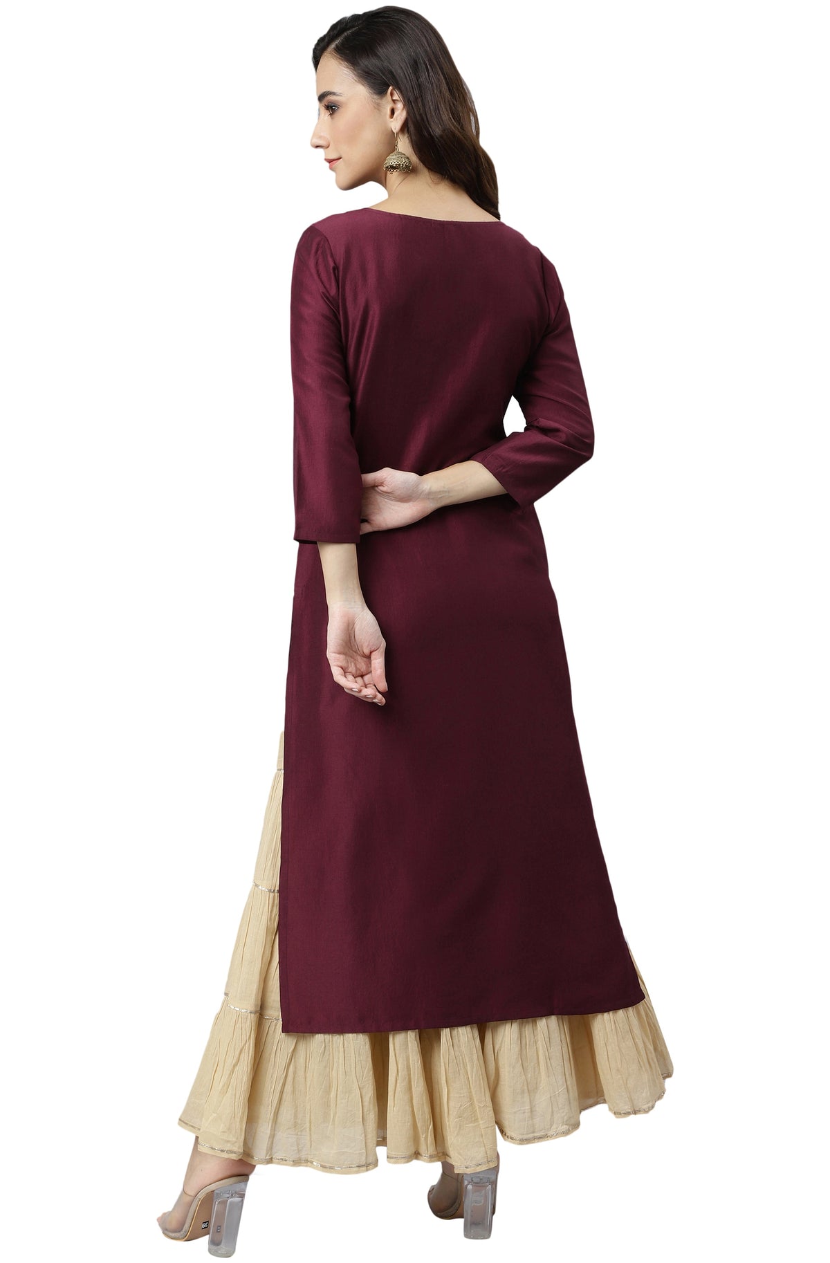 Janasya Wine Poly Silk Solid Straight kurta | Grocsy