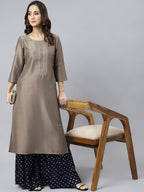 Janasya Women's Taupe Poly Silk Solid Casual Straight kurta | Grocsy