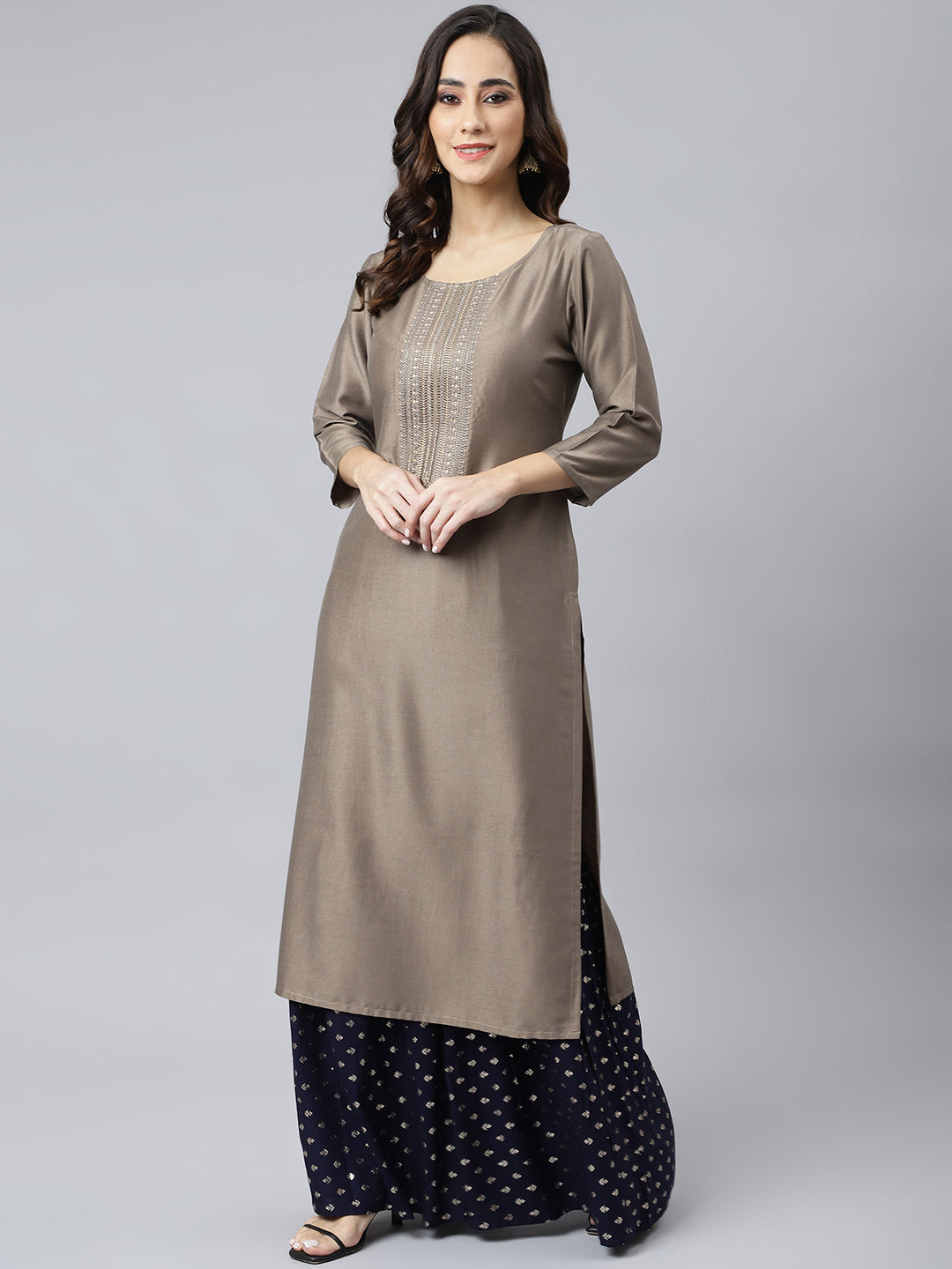 Janasya Women's Taupe Poly Silk Solid Casual Straight kurta | Grocsy