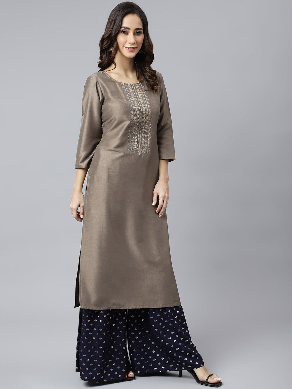 Janasya Women's Taupe Poly Silk Solid Casual Straight kurta | Grocsy